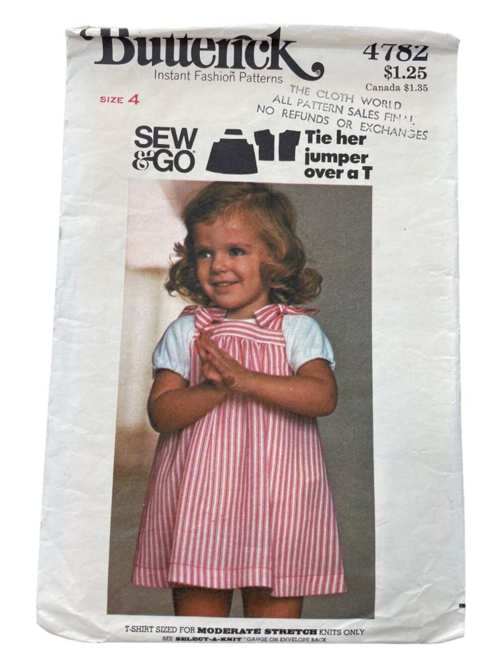 Vintage 70s Butterick 4782 Toddler Jumper & T-Shirt Pattern Size 4 Sew & Go CUT